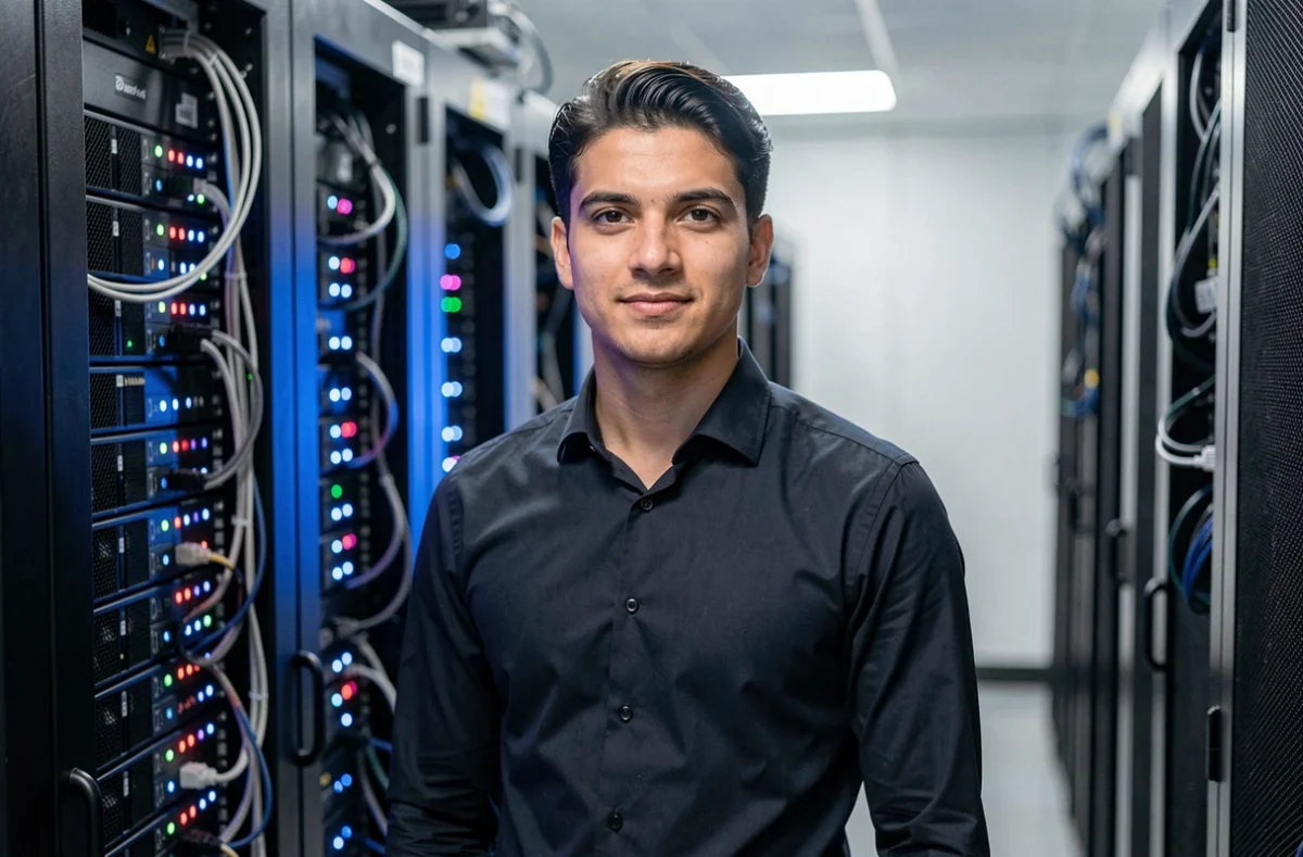 Ingénieur de 01Future SAS devant une baie serveur dans une salle informatique professionnelle
