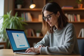 Femme accédant à un portail sécurisé en ligne depuis son bureau à domicile pour consulter Agendis 95