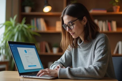Femme accédant à un portail sécurisé en ligne depuis son bureau à domicile pour consulter Agendis 95
