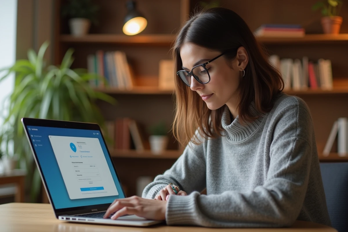Femme accédant à un portail sécurisé en ligne depuis son bureau à domicile pour consulter Agendis 95