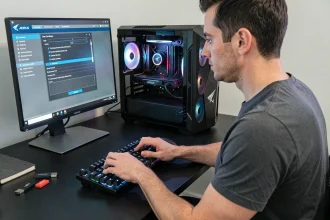 Technicien appuyant sur une touche du clavier pour accéder au BIOS AORUS sur un PC fixe sous Windows