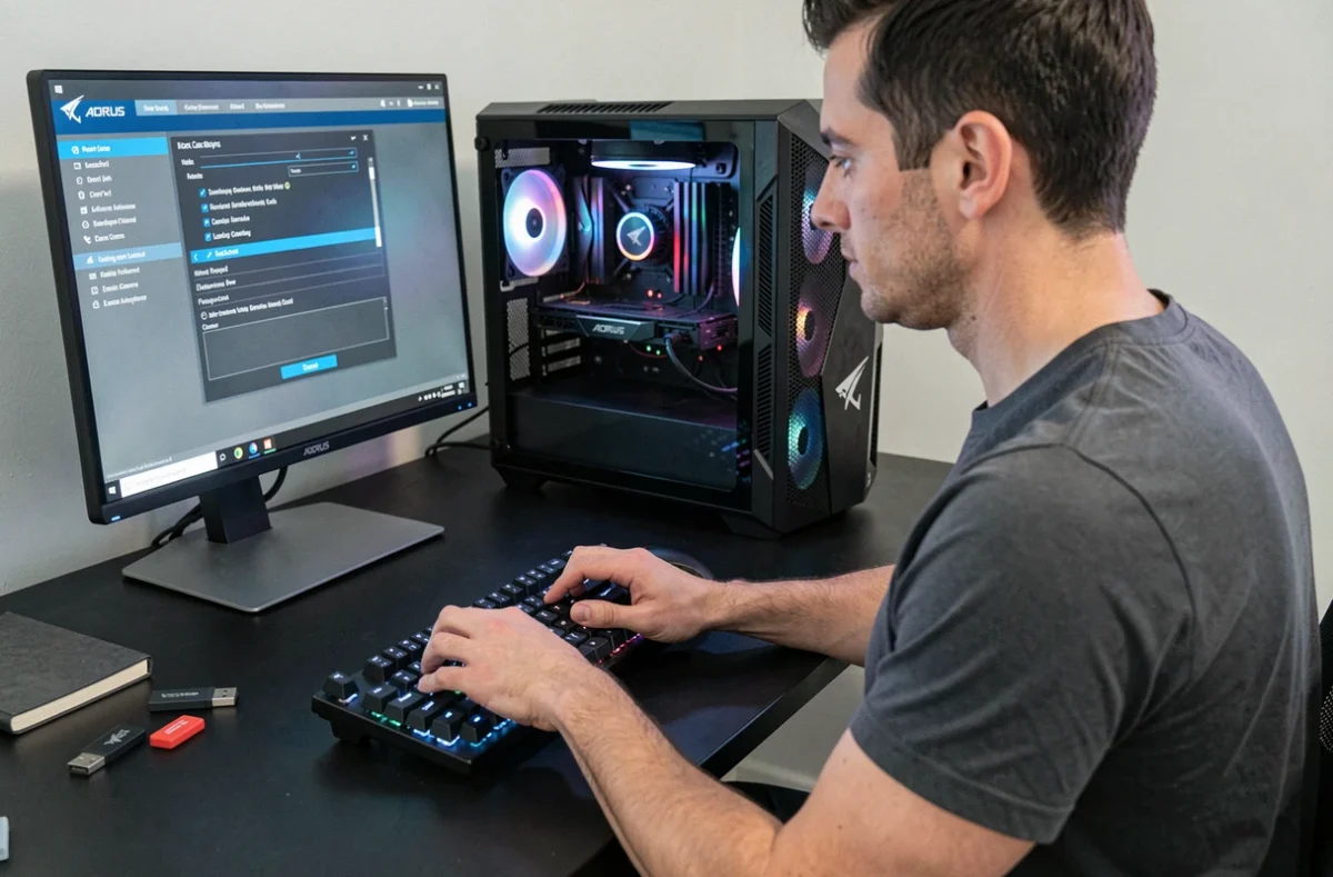 Technicien appuyant sur une touche du clavier pour accéder au BIOS AORUS sur un PC fixe sous Windows