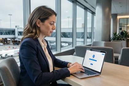 Employée Air France accédant à GPNet depuis un salon d'aéroport international avec une connexion VPN sécurisée sur son ordinateur portable