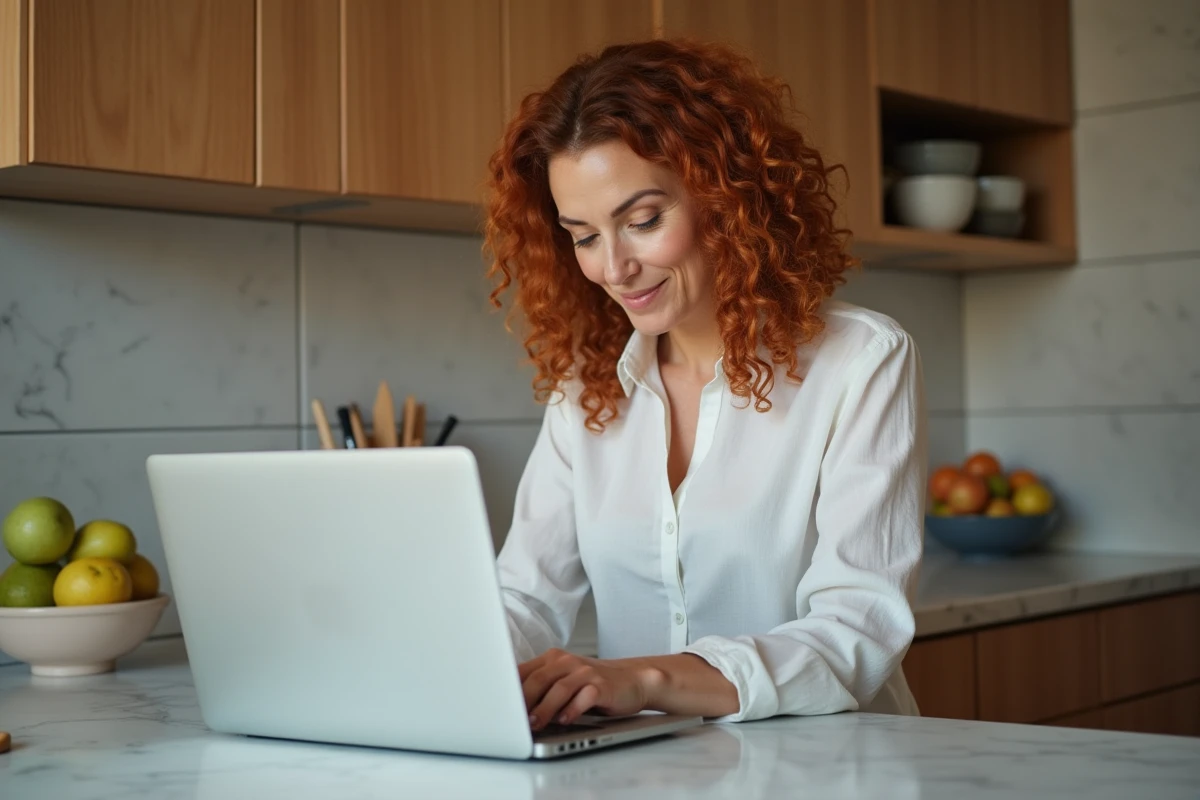 Femme se connectant de façon sécurisée à Agendis 95 depuis sa cuisine grâce à une authentification en ligne