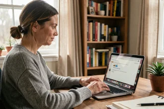 Femme accédant au webmail universitaire de Montpellier depuis son bureau à domicile sur un ordinateur portable