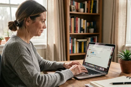 Femme accédant au webmail universitaire de Montpellier depuis son bureau à domicile sur un ordinateur portable