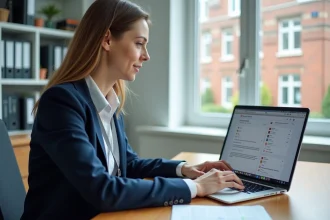 Femme du personnel académique accédant à son webmail SOGo sur un ordinateur portable dans un bureau universitaire de Lille