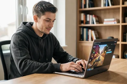 Jeune homme activant son compte Epic Games sur un ordinateur portable dans un bureau à domicile moderne