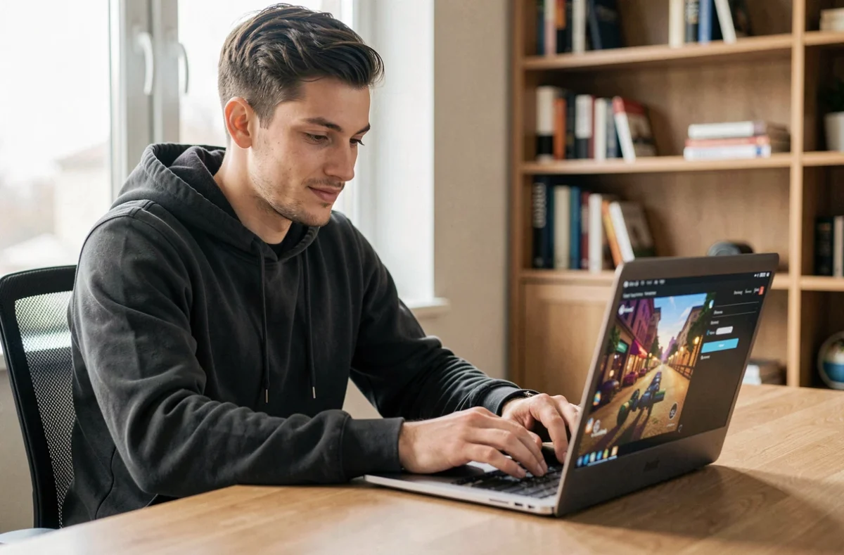 Jeune homme activant son compte Epic Games sur un ordinateur portable dans un bureau à domicile moderne