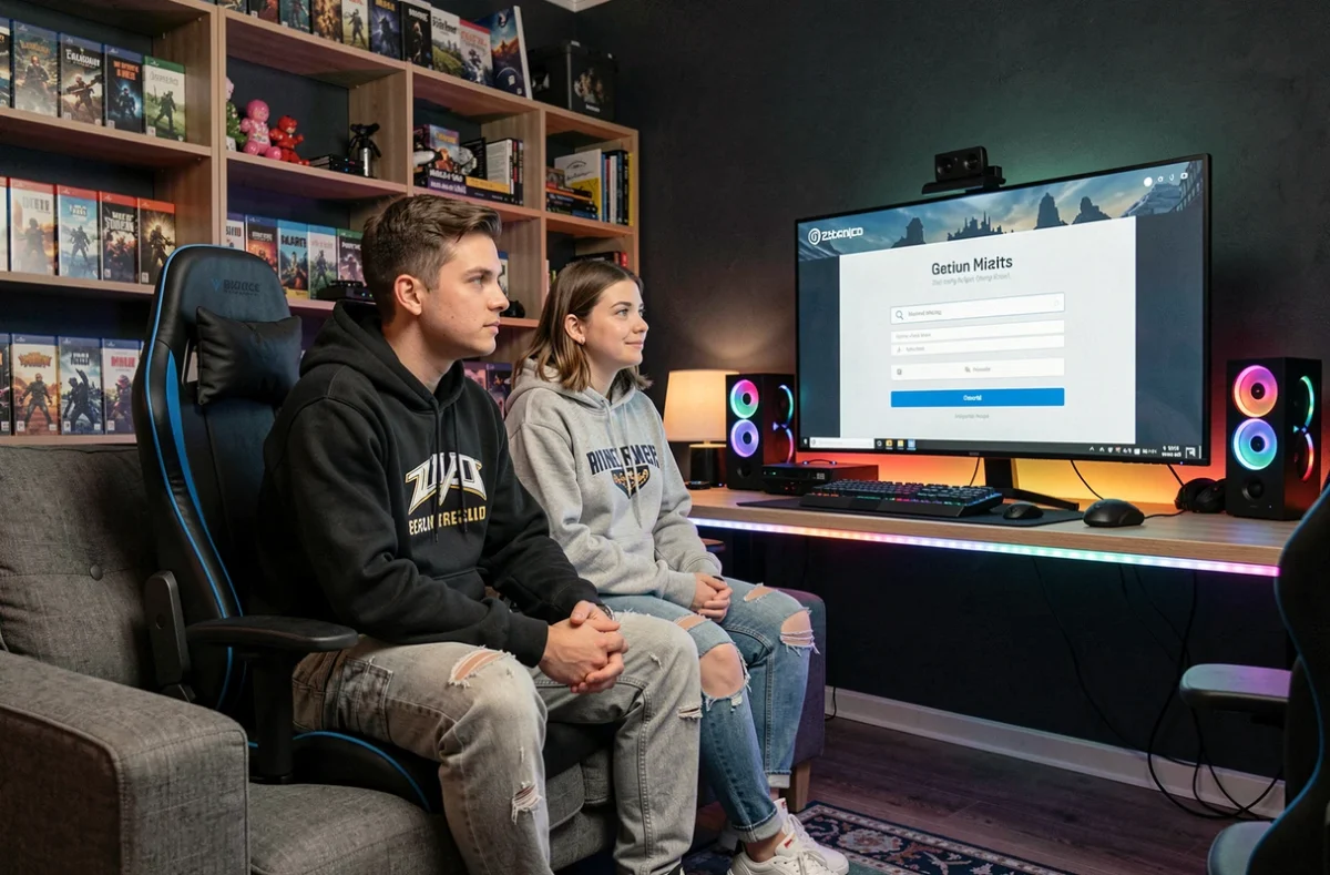 Deux amis activant ensemble un compte Epic Games sur un PC de bureau dans une salle de jeux