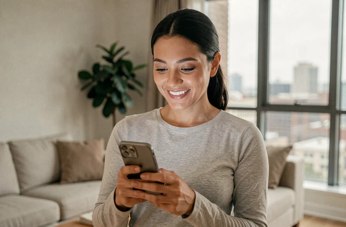 Femme activant son compte Epic Games sur smartphone dans un appartement moderne