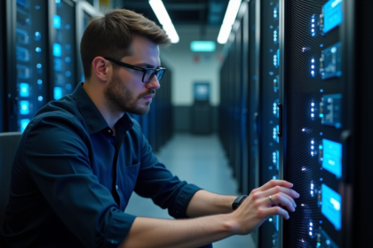 Administrateur informatique configurant un serveur en salle