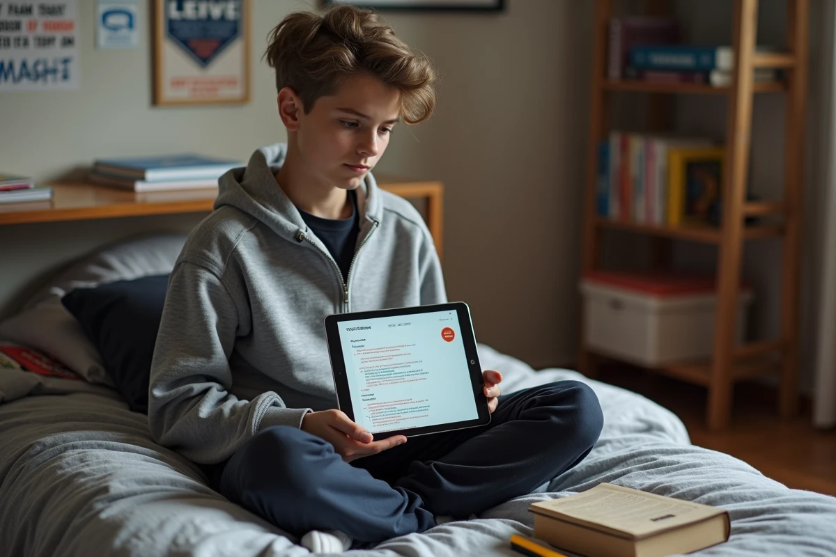 Adolescent apprenant le HTML en autodidacte sur une tablette dans sa chambre d'étudiant avec un livre de développement web