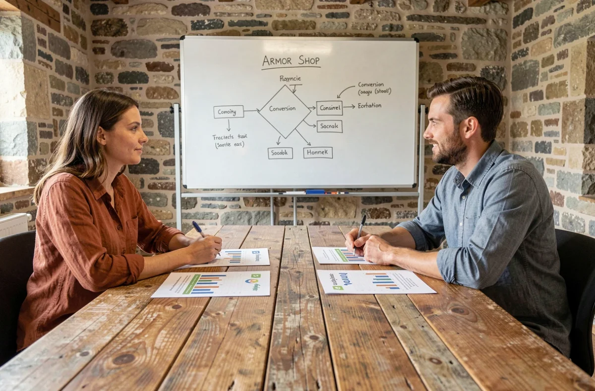 Équipe de l'agence Armor Shop analysant des rapports e-commerce Shopify dans un espace aux murs en pierre bretonne