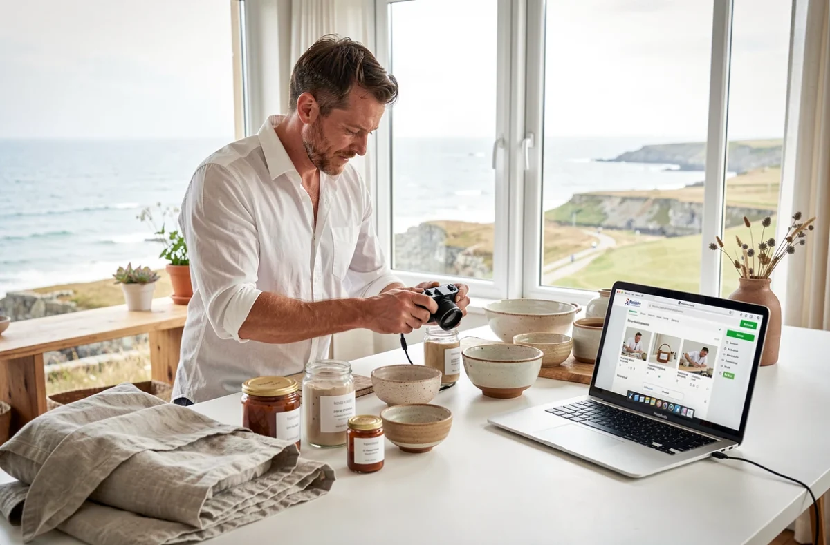 Photographe de l'agence Finistère Commerce préparant des photos de produits artisanaux bretons pour Shopify