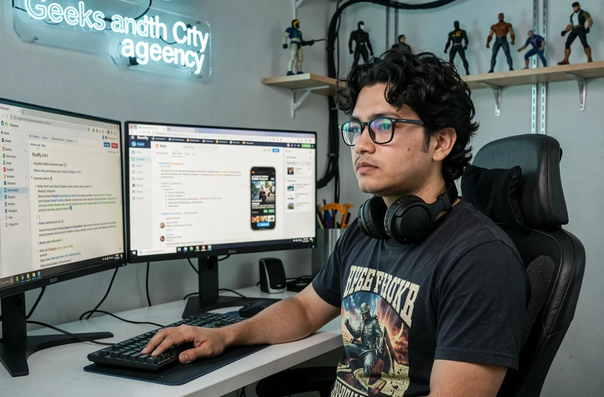 Développeur de l'agence Geeks and the City travaillant sur l'API Shopify dans un studio tech branché