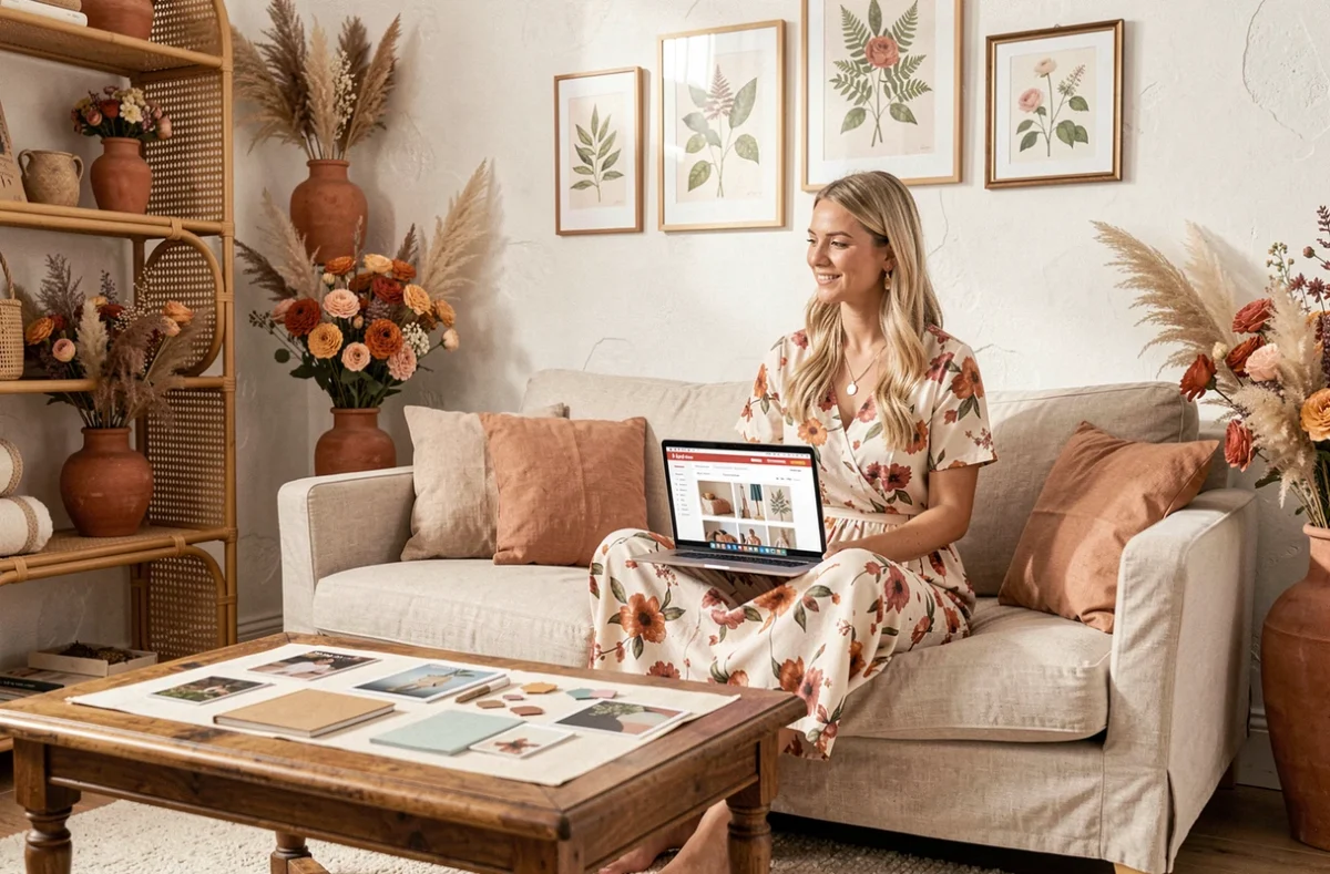 Designer de l'agence La Belle Bretagne composant une boutique Shopify lifestyle dans un studio créatif chaleureux