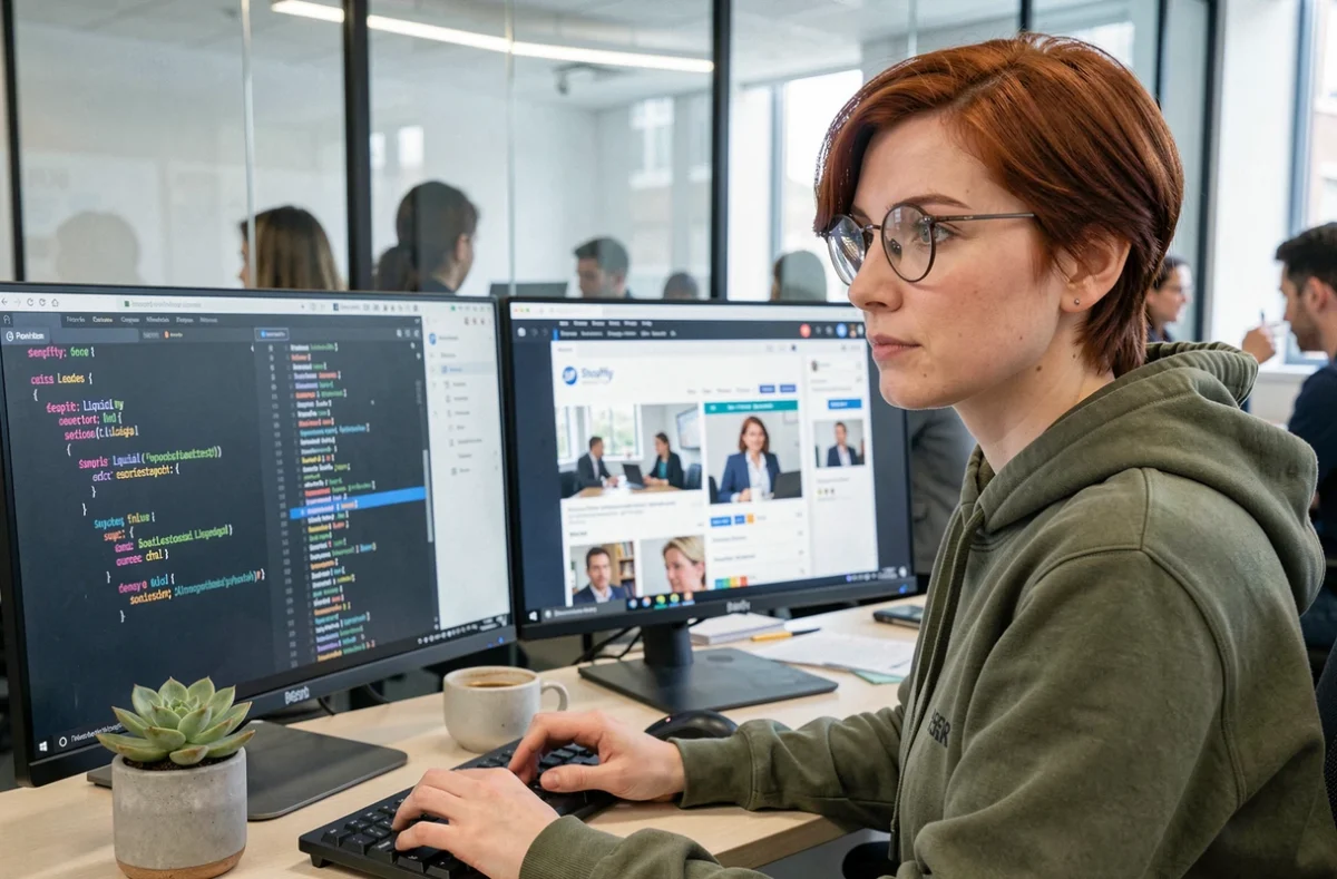 Développeuse web de l'agence Penn Store codant sur Shopify Liquid dans un bureau moderne