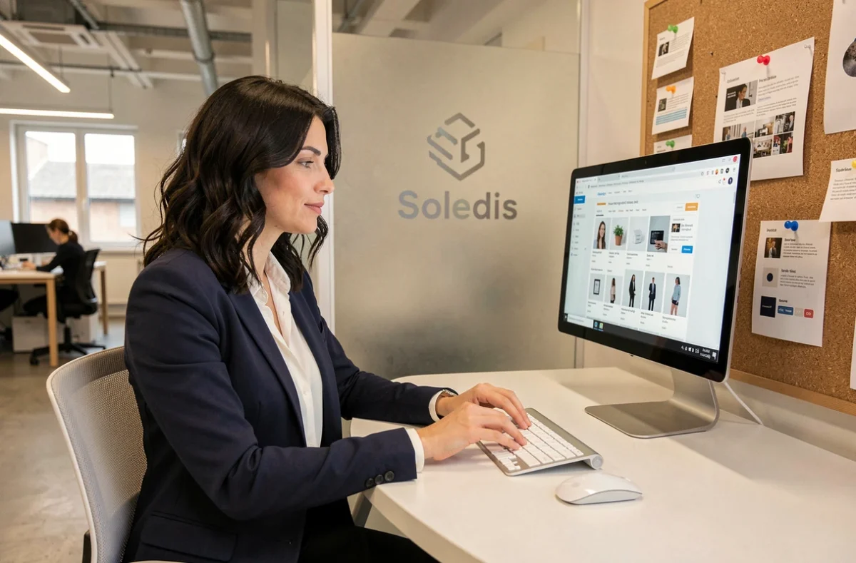Consultante de l'agence Soledis travaillant sur une boutique Shopify dans un studio de branding épuré