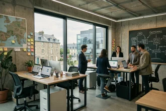 Bureau d'une agence digitale moderne en Bretagne avec des professionnels travaillant sur des boutiques Shopify