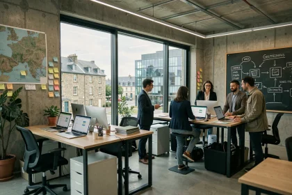 Bureau d'une agence digitale moderne en Bretagne avec des professionnels travaillant sur des boutiques Shopify