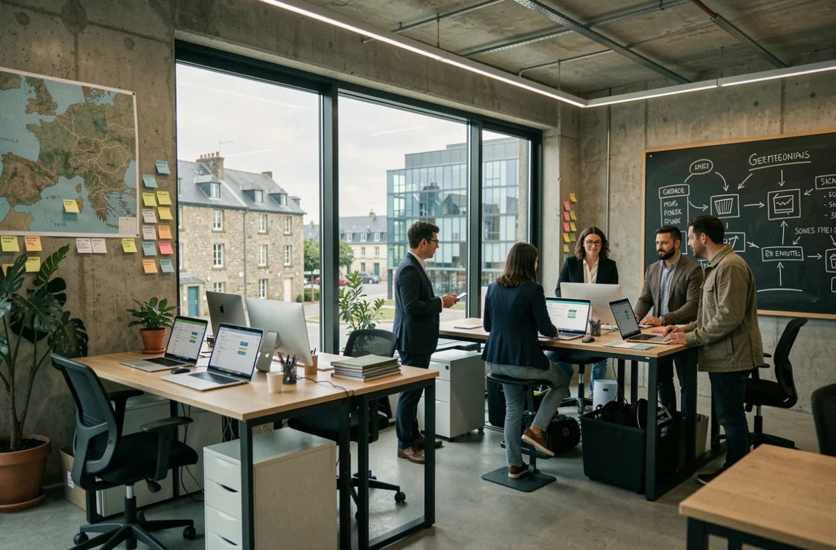 Bureau d'une agence digitale moderne en Bretagne avec des professionnels travaillant sur des boutiques Shopify