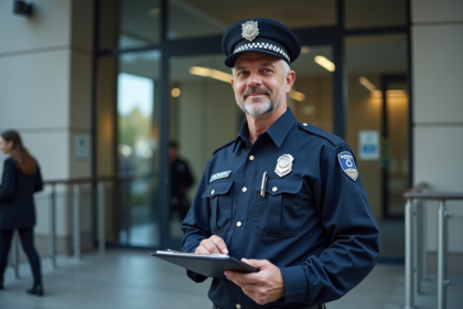 Agent de sécurité en uniforme devant un bâtiment moderne