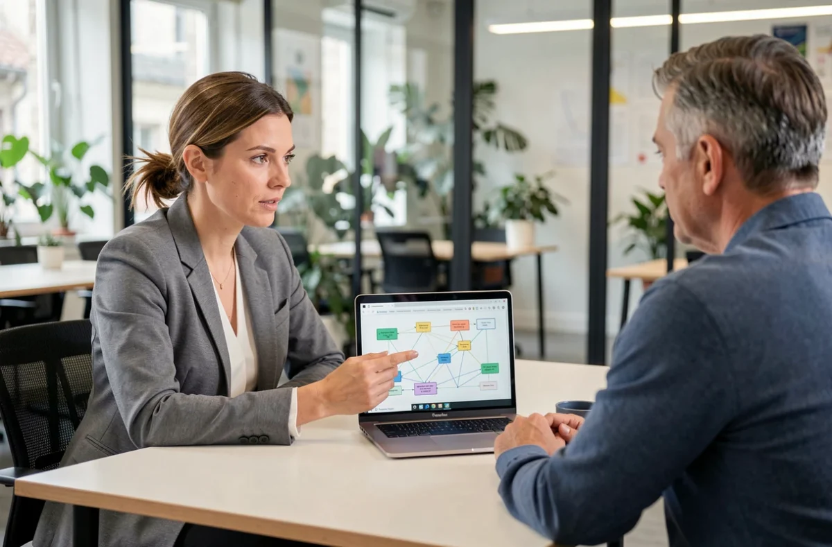 Consultante d'Améliorer Informatique présentant un plan réseau à un client dans un espace de coworking
