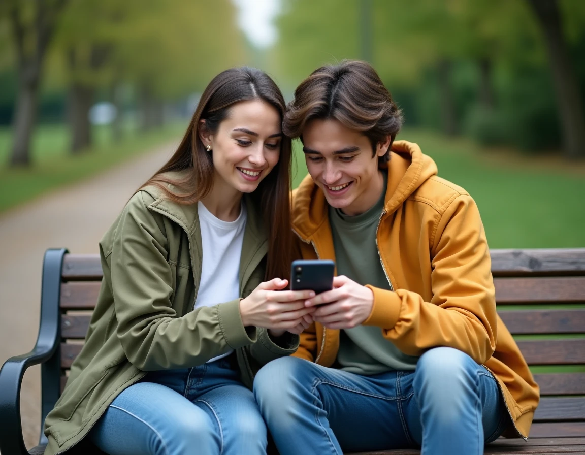 Deux amis regardant ensemble un smartphone dans un parc pour tenter de visualiser anonymement une story Instagram bloquée