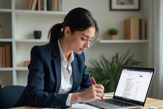 Professionnelle SEO analysant des données de recherche de mots-clés sur un bureau avec un laptop et des notes imprimées
