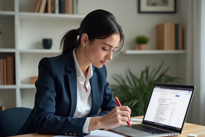 Professionnelle SEO analysant des données de recherche de mots-clés sur un bureau avec un laptop et des notes imprimées