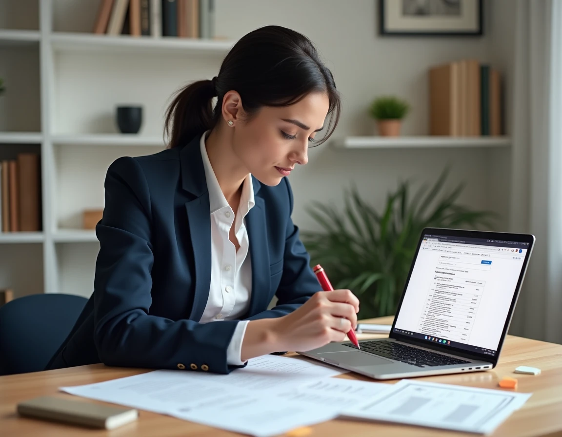 Professionnelle SEO analysant des données de recherche de mots-clés sur un bureau avec un laptop et des notes imprimées