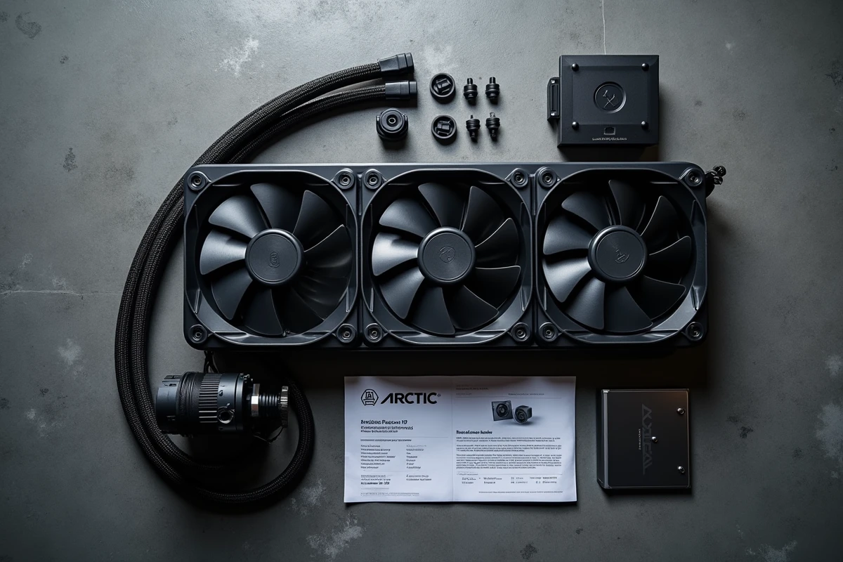 Vue à plat du kit complet ARCTIC Liquid Freezer III Pro 360 RGB déballé avec radiateur, ventilateurs et accessoires de montage sur fond béton sombre