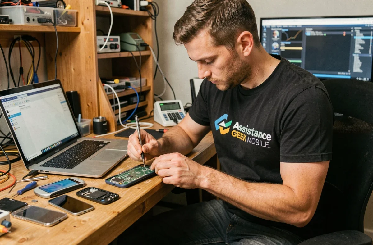 Technicien d'Assistance Geek Mobile effectuant une micro-soudure sur une carte mère de smartphone à son établi