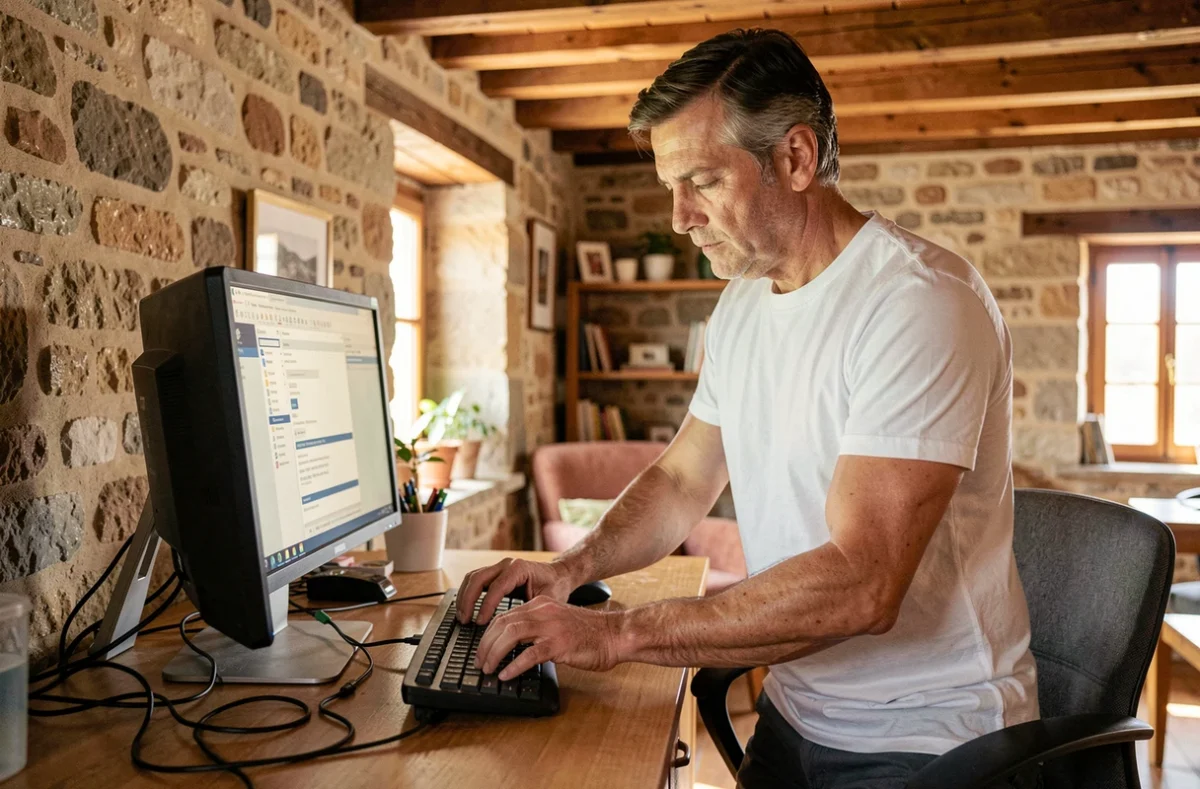 Technicien de B.A.D. Informatique configurant un poste de travail chez un client en Occitanie