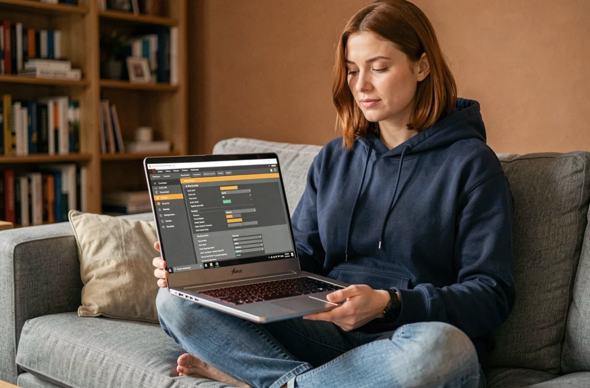 Femme consultant le BIOS UEFI sur un laptop AORUS portable en mode Windows
