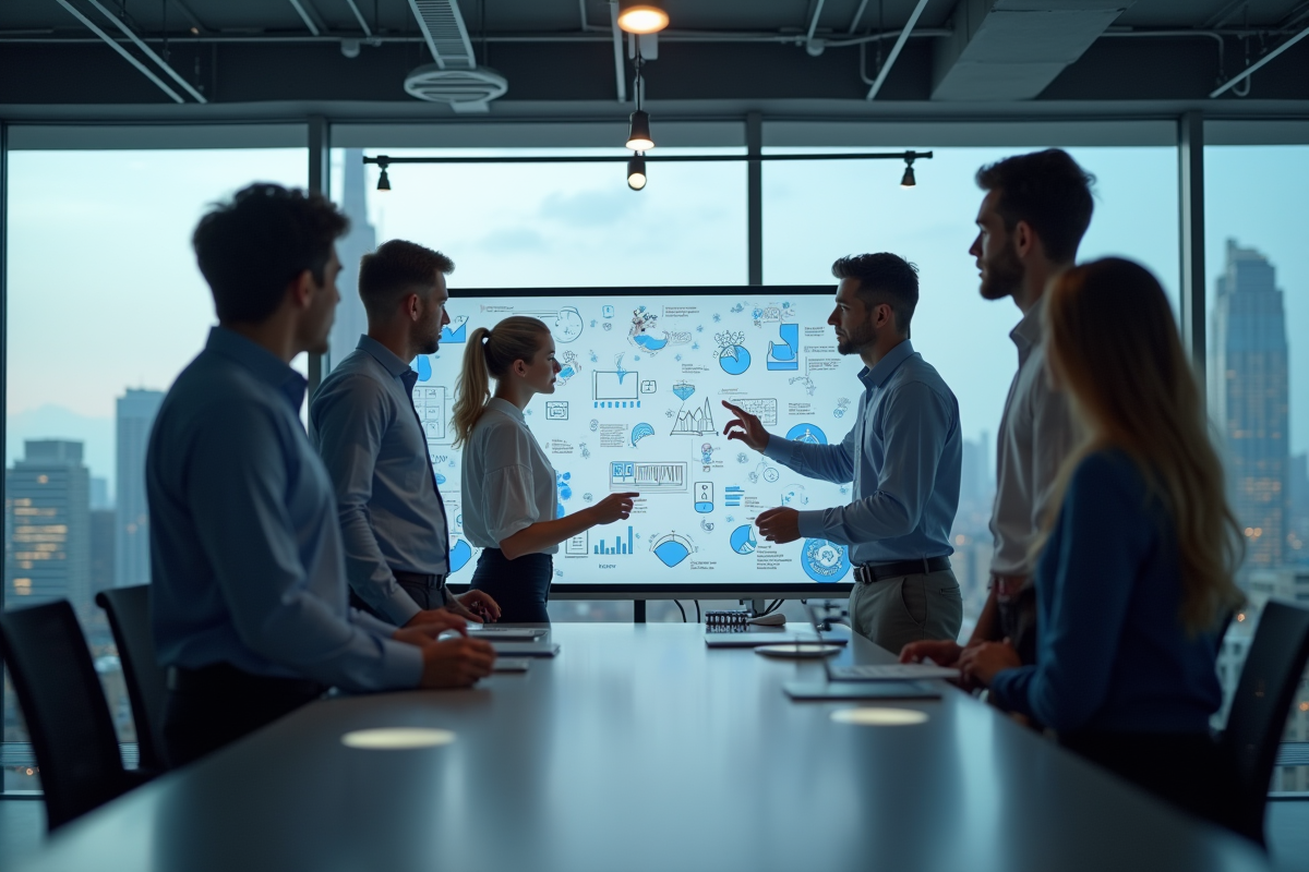 Groupe de professionnels en brainstorming avec réalité augmentée