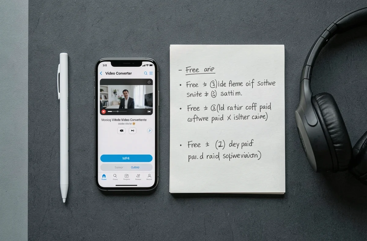 Vue aérienne d'un bureau avec smartphone affichant une application de conversion vidéo MP4 et notes comparatives