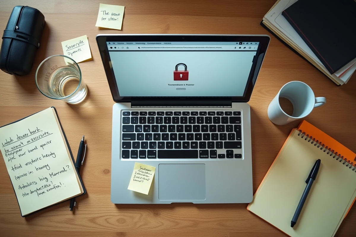 Vue aérienne d'un bureau avec un ordinateur affichant un avertissement de sécurité et des notes manuscrites sur les risques en ligne, contexte d'enquête sur Xabriv.com