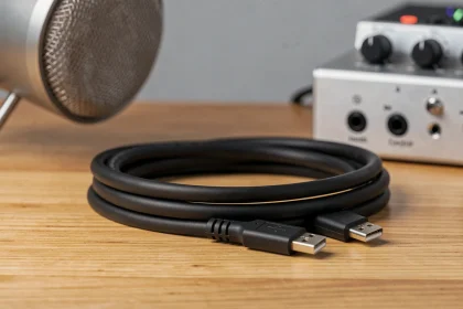 Câble USB-B vers USB-C posé sur un bureau de studio audio en bois avec une interface audio compacte