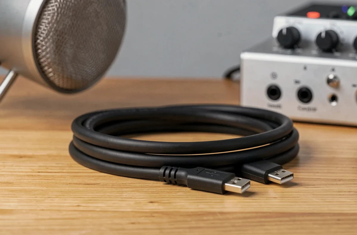 Câble USB-B vers USB-C posé sur un bureau de studio audio en bois avec une interface audio compacte