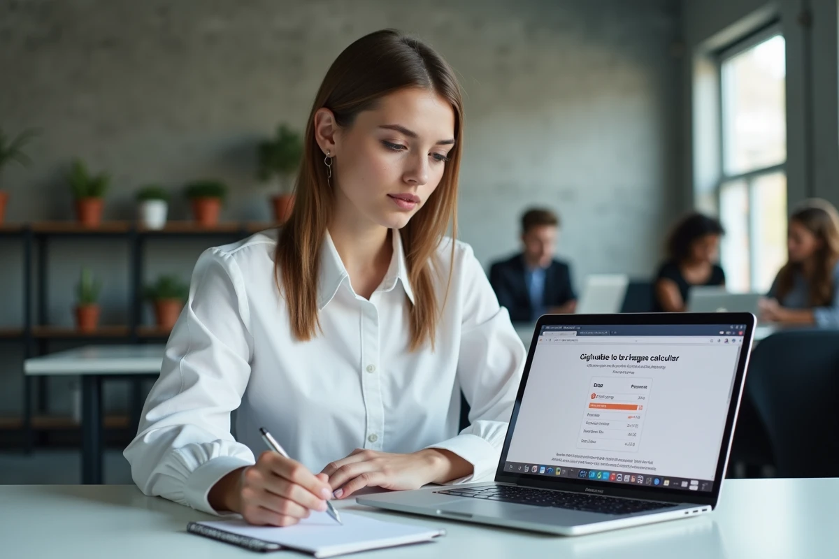 Femme utilisant un calculateur de conversion d'octets en ligne sur un ordinateur portable pour planifier l'achat d'un disque dur