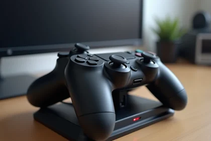 Chargeur double station pour manette PS4 DualShock posé sur un bureau en bois avec LED indicateur de charge