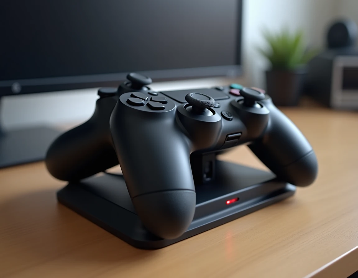 Chargeur double station pour manette PS4 DualShock posé sur un bureau en bois avec LED indicateur de charge