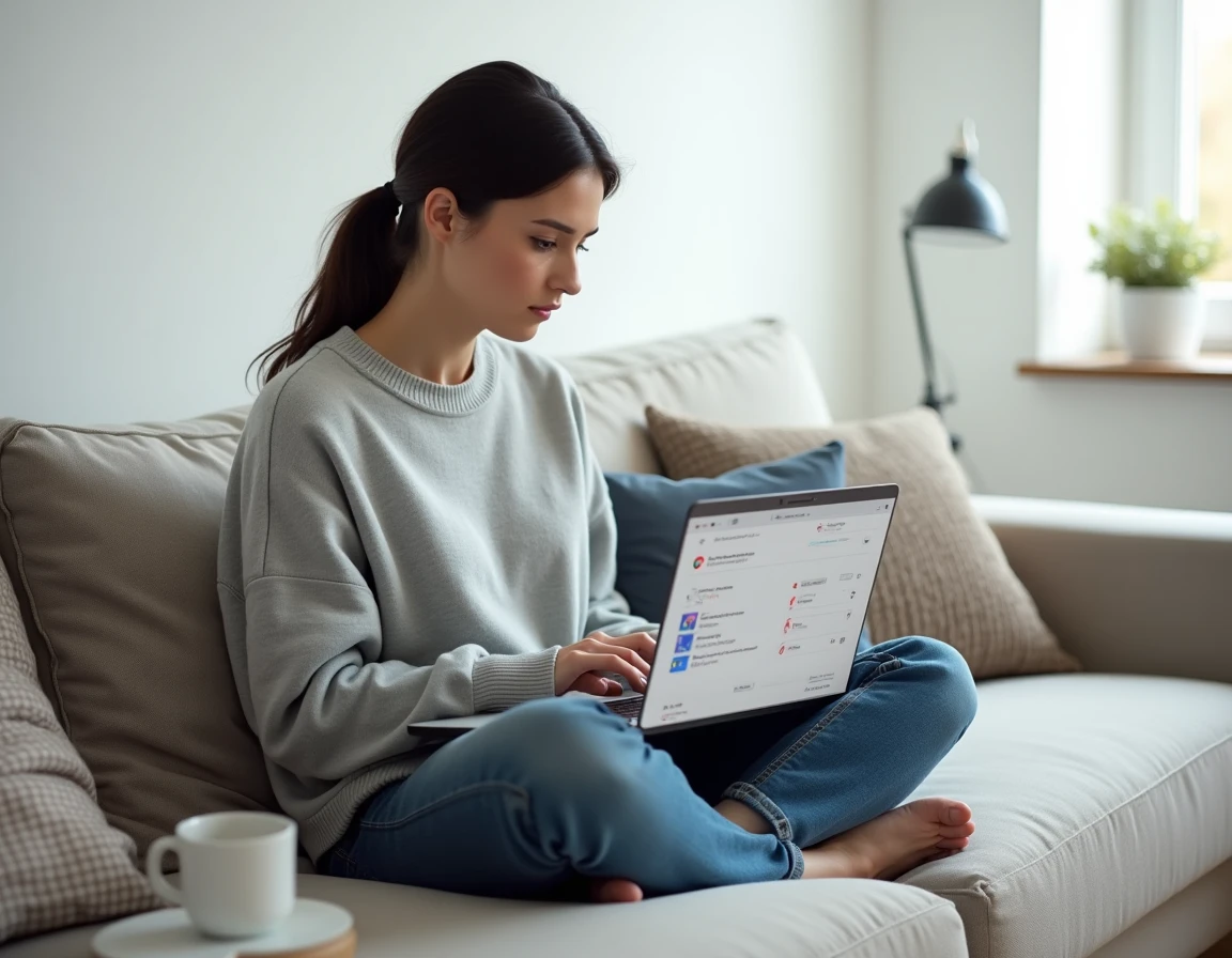 Femme configurant les options expérimentales de Chrome flags sur un MacBook dans un salon minimaliste