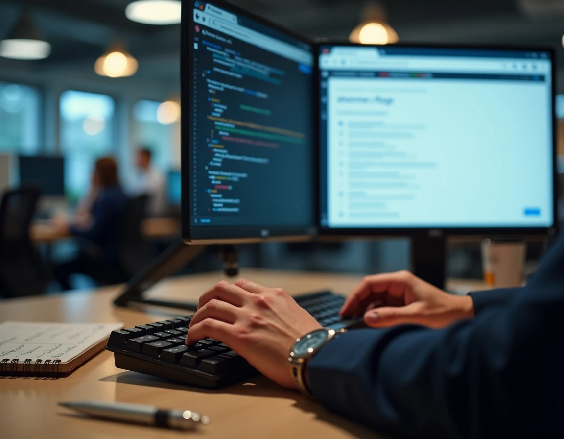 Gros plan sur des mains de professionnel configurant Chrome flags sur un double écran dans un espace de travail corporate