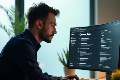 Homme utilisant Chrome flags sur un grand écran ultrawide dans un bureau moderne pour optimiser son navigateur