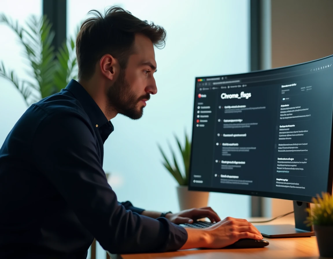 Homme utilisant Chrome flags sur un grand écran ultrawide dans un bureau moderne pour optimiser son navigateur