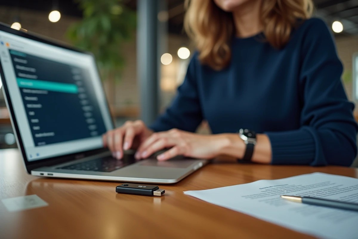 Clé USB posée près d'un ordinateur portable affichant un utilitaire de gestion de disque avec 64 Go