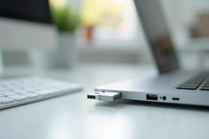 Clé USB compacte branchée sur un port USB d'ordinateur portable dans un bureau minimaliste
